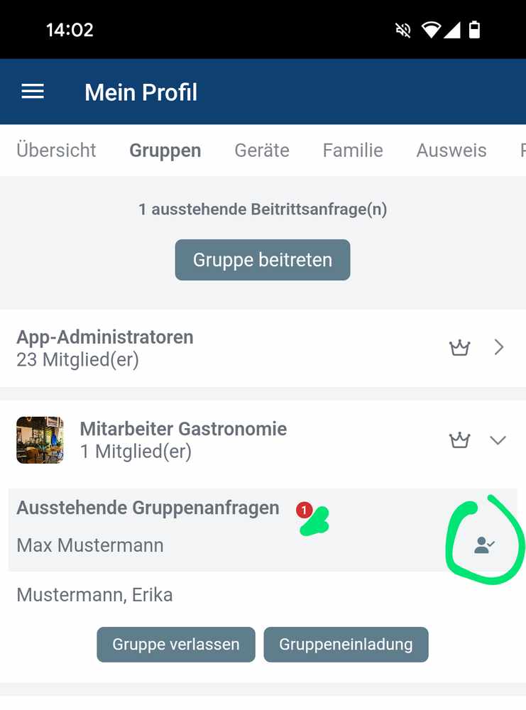 Anfrage zum Gruppenbeitritt (1): Gruppenleitungsansicht in App