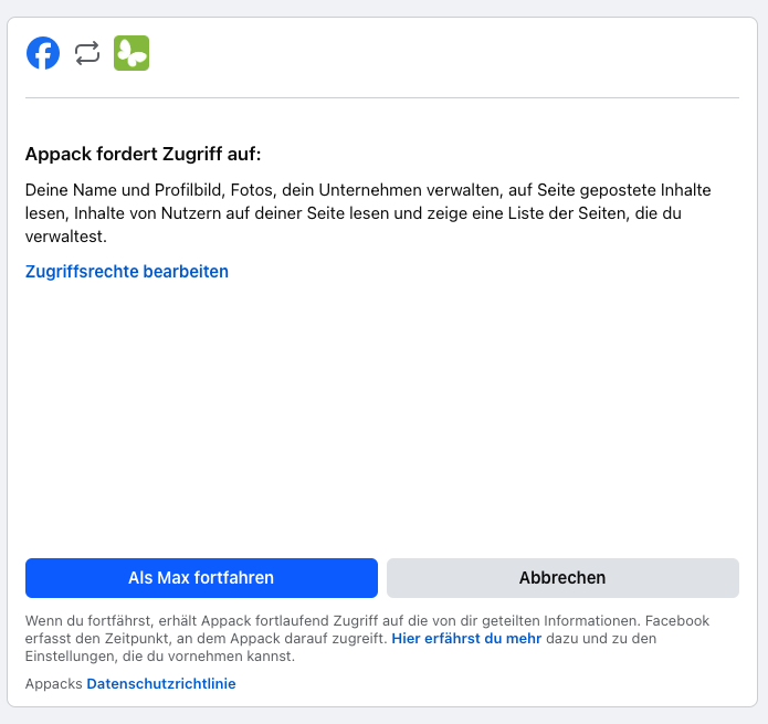 Facebook: Zugriffsanfrage von Appack