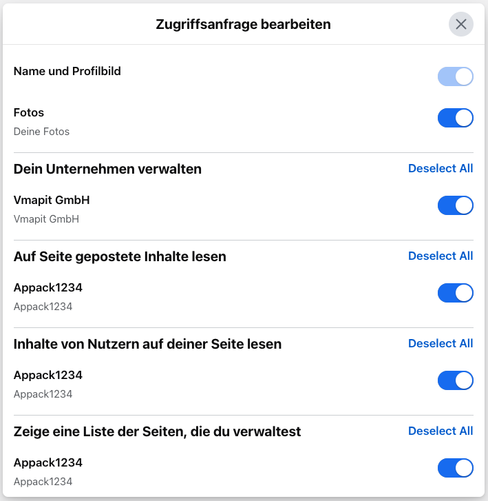 Facebook: Benötigte Zugriffsrechte von Appack überprüfen