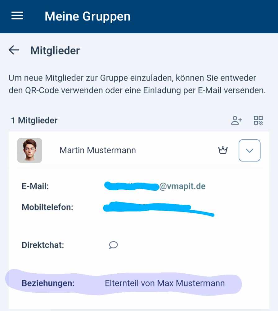 Anzeige eines verknüpften Beziehungsprofils im Gruppenraum
