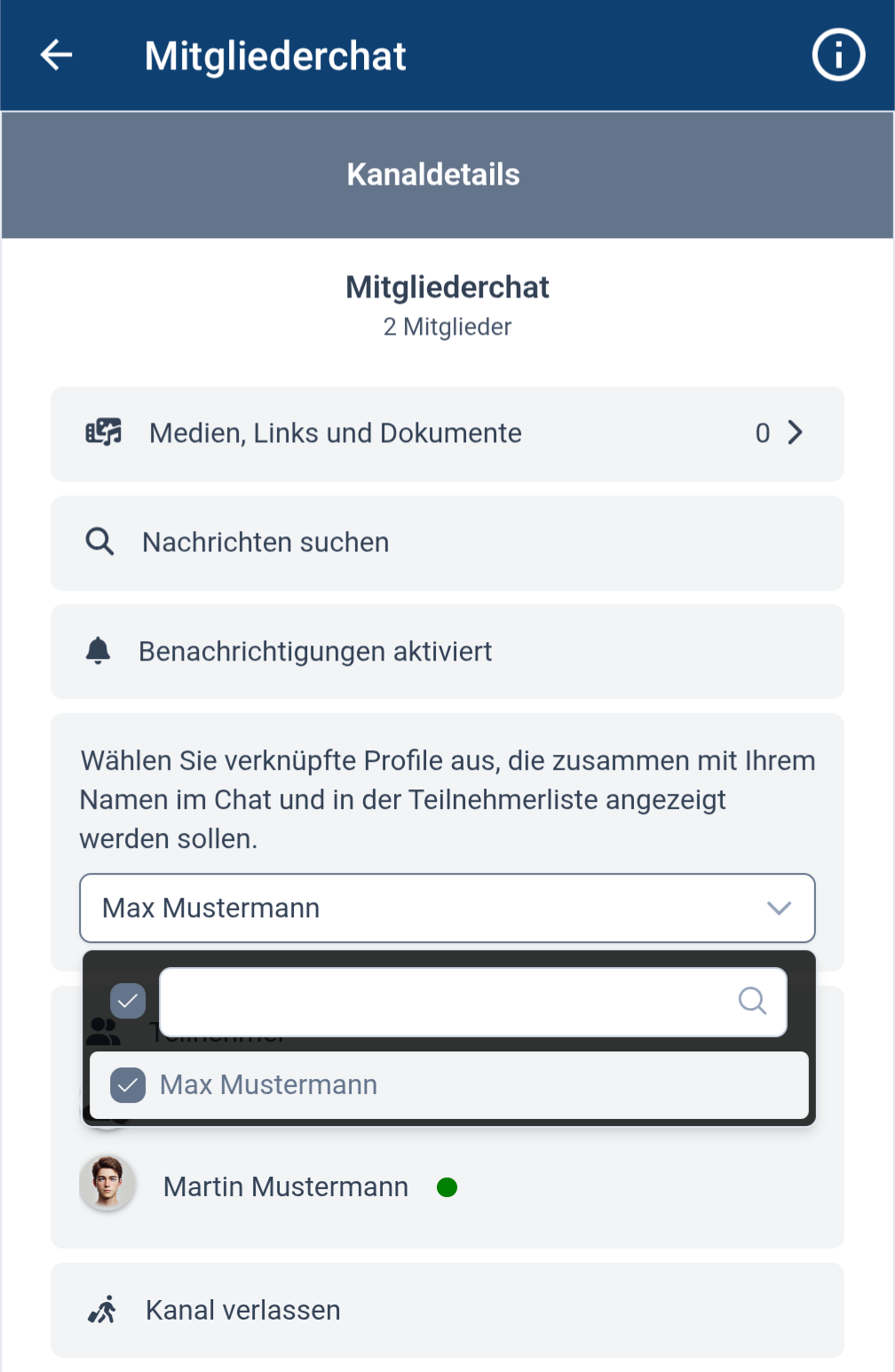 Auswahl eines verknüpften Profils in einem Chatkanal