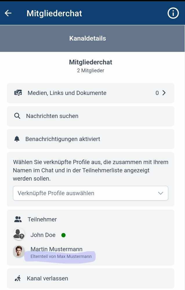 Anzeige des verknüpften Beziehungsprofils in Teilnehmerliste des Chats
