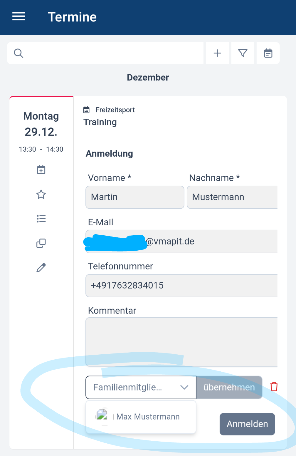 Terminanmeldung mit Auswahl eines Familienprofils