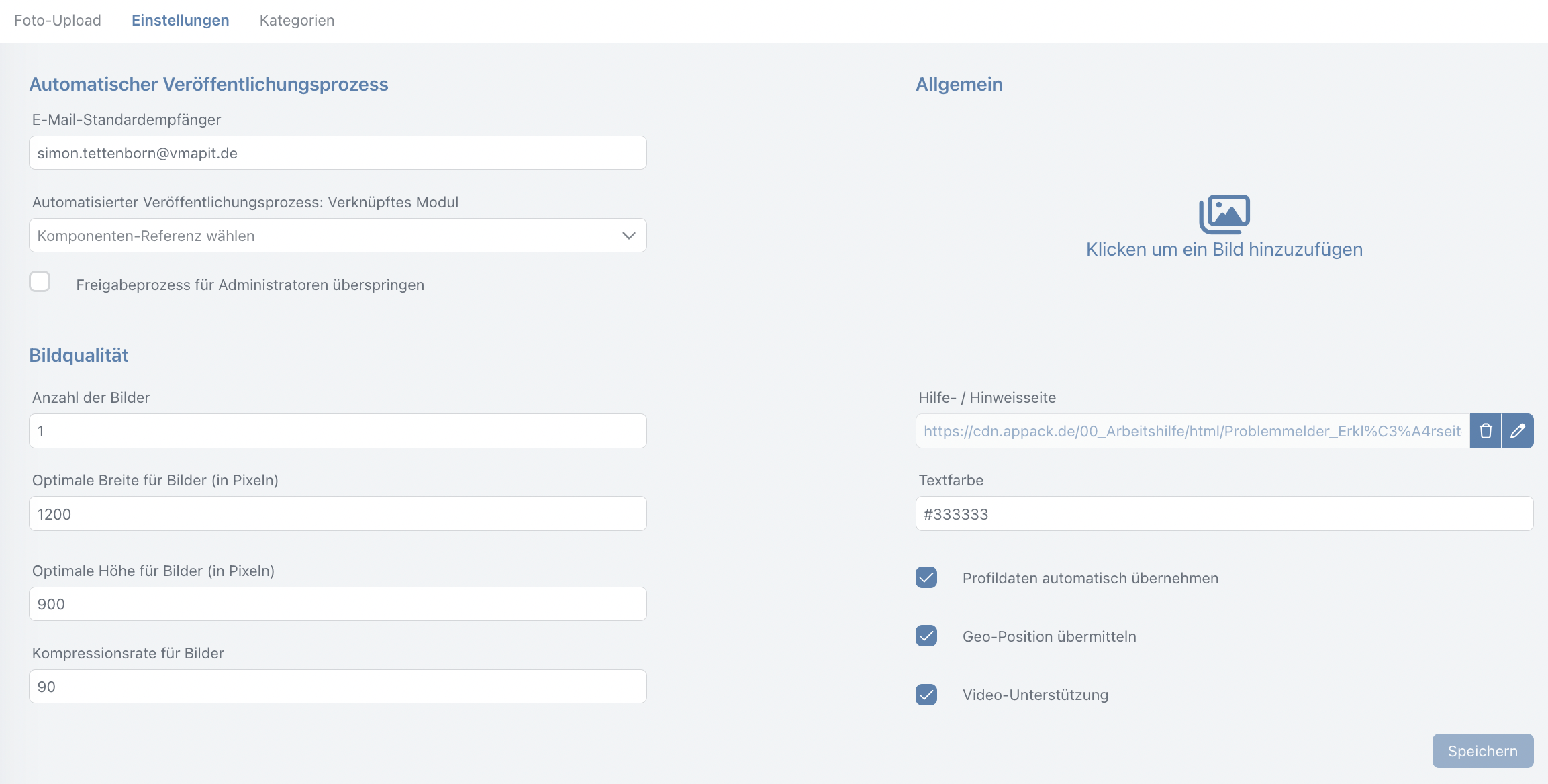 Foto-Uploader: Einstellungsoberfläche