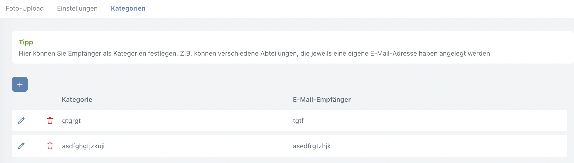 Foto-Uploader: Empfängerkategorien verwalten