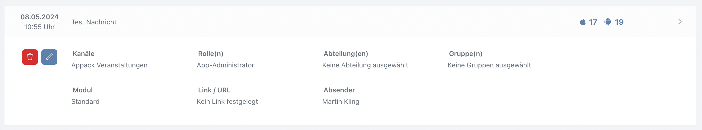 Übersicht der geplanten Nachrichten - CMS-Ansicht