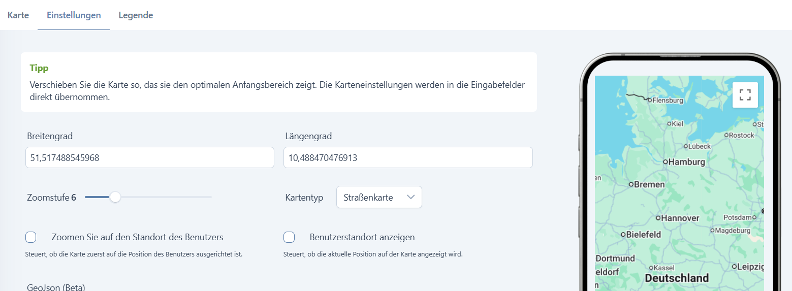 Einstellungen des Kartenmoduls