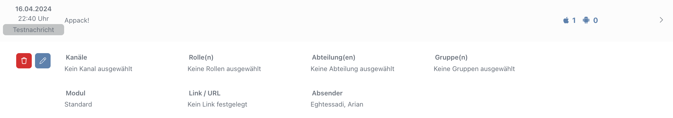 Versendete Pushnachrichten - CMS-Ansicht